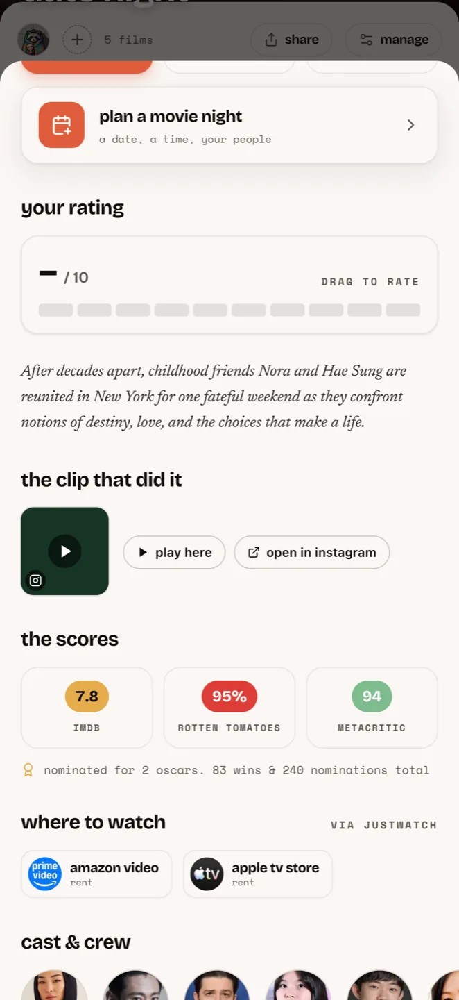 A film open in the drawer, showing the clip that found it with play and open-in-Instagram buttons