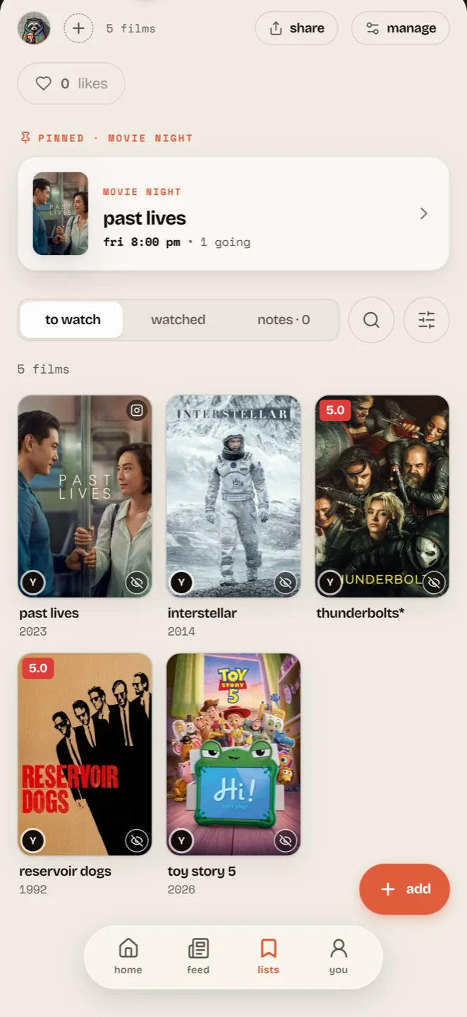 A shared list called date night: a movie night pinned at the top and five film posters below it